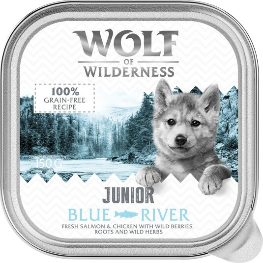 Wolf Of Wilderness Våtfôr Junior Duo Proteinoppskrift 6 Skål Blue River & Laks Kylling 24 X 150 G 24 X 150 G