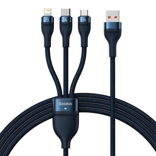 Baseus Flash Series 3-i-1 USB Kabel 1.2m 66W USB-C + Micro + Lightning Blå