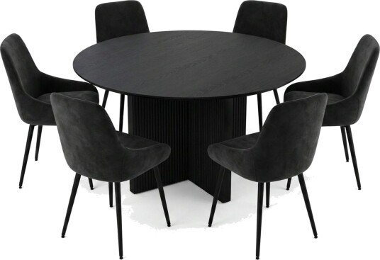 Edda spisegruppe rundt 130 cm svart med 6 Alsarp spisestoler Svart
