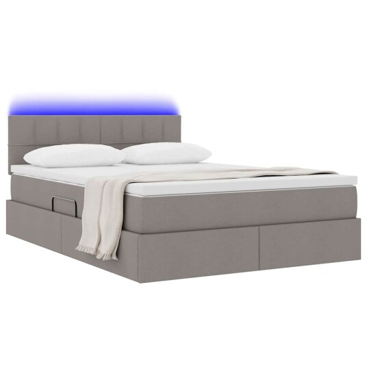 Seng med lagring og LED med madrass Gråbrun 140 x 190 cm stoff