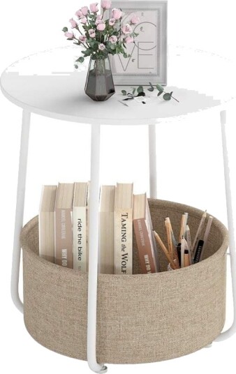 Rundt sidebord med oppbevaringskurv – Liten moderne hvit