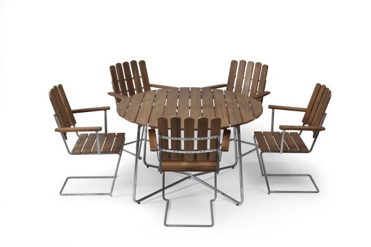 Grythyttan Stålmöbler A2 & 9A matgruppe Teak/galvanisert 6 lenestoler & bord 120 cm