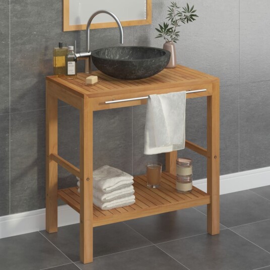 Baderomshylle heltre teak med vask marmor svart