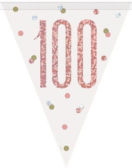 100 års Feiring Hvit og Rosegull Holografisk Banner 274 cm
