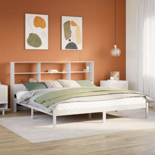 Seng med bokhylle uten madrass hvit 200x200 cm heltre furu 8721158603838