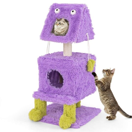 Cwy Kattskrapestolpe Liten 111 cm Monstertema Kattetre Med 2 Kattehuler Og Avtagbar Topp Lilla