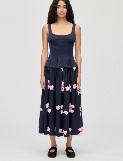 STINE GOYA Double Sided Crepe Corset Long Dress   Navy   XL