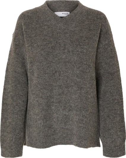 Selected Femme Pullover slfSia Ras LS Knit Long V neck Grå Selected Femme Pullover slfSia Ras LS Knit Long V neck Grå
