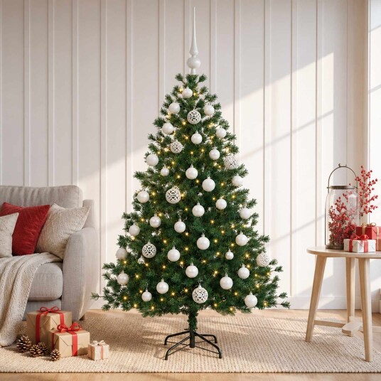 vidaXL Kunstig juletre med julekuler 150 cm 150 LED-lys Varmhvit