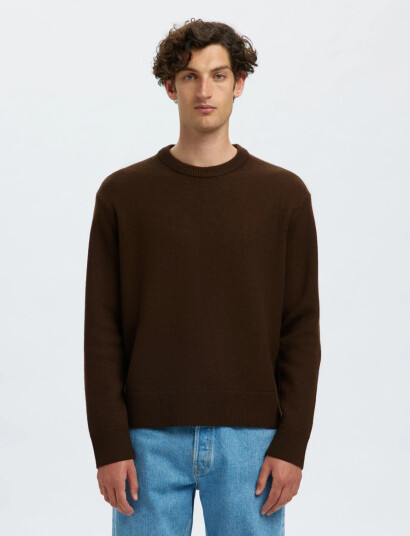 Selected Slharne Ls Knit Relaxed Wool Crew Neck - Brown - S