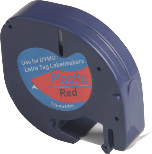 TB 91203 LT Label Plast Sort på Rød 12mm (4m) erstatter Dymo S0721630