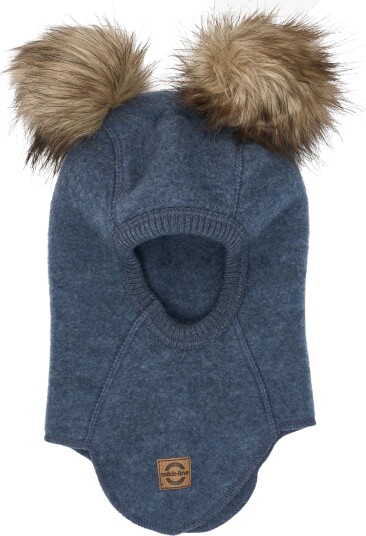 Mikk-Line Balaclava Merinoull med Pomponger Blå Melange 98/104