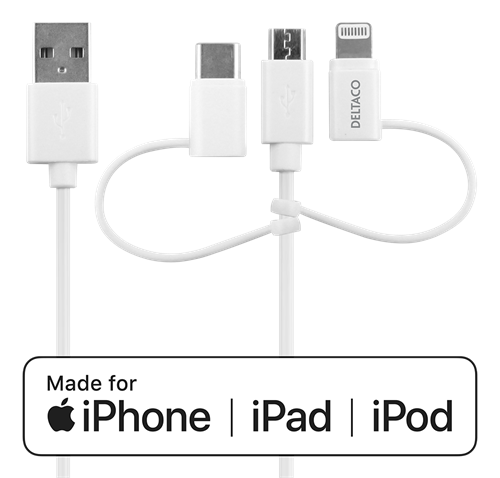 Deltaco 3-in-1 USB-A Kabel 1m med Lightning, Micro USB og USB-C - Hvit