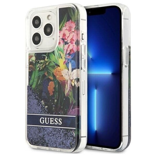 Originalt Apple Frontpaneldeksel Guess Guhcp13llflsb For Iphone 13 Pro (Glitter Flower / Blue)