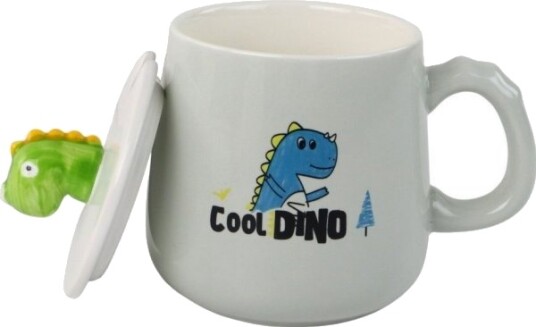 Leantoys Keramikk Kopp Dino Blå Med Lokk Og Skje 350 Ml