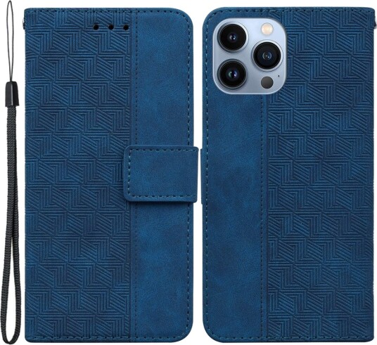 Trolsk Lommebokdeksel med Stropp Geometrisk Mønster (iPhone 15 Pro) Blå