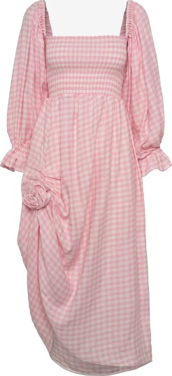 Sleeper Atlanta Linen Dress With Rose Detail In Pink Vichy   WHITE&PINK   XS