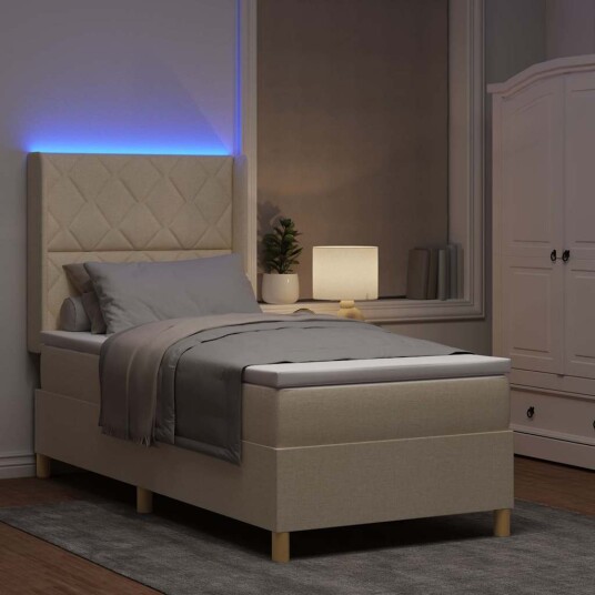 Box Spring Seng med Madrass og LED Krem 100x200 cm Tekstil