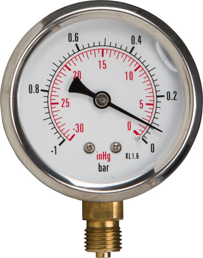 Glyserinmanometer Ø63 RF-hus, 1/4"rg. nedover, -1/+0 bar/psi