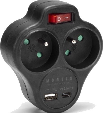Dobbel Strømfordeler Med Bryter + Usb-A + Usb-C Montis Mt144-Bk Sort