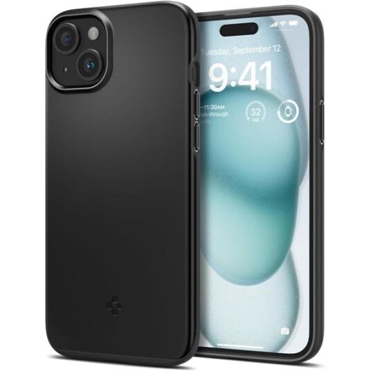 Spigen Thin Fit iPhone 15 Deksel Svart - Lett og Slank Beskyttelse