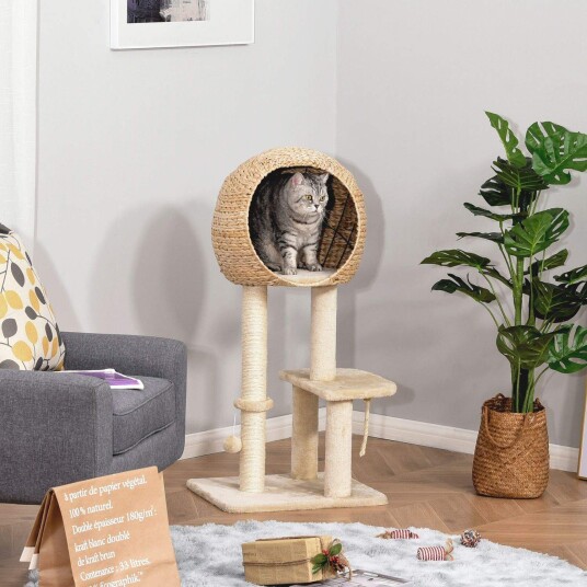 Kattetre Med Skrapestolpe Og Grotte Beige 100Cm