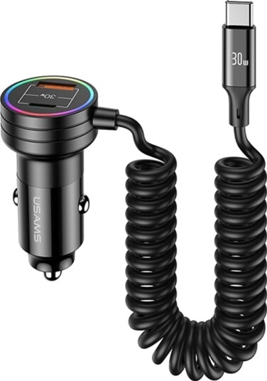 Usams C33 Bil Lader Med Kabel Spiral 2xUSB C 1xUSB A 60W Svart