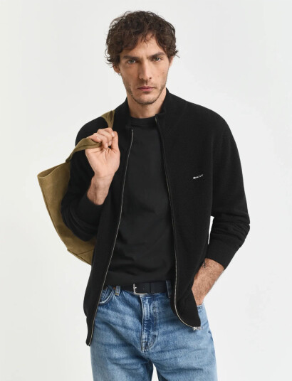 GANT Cotton Pique Zip Cardigan - Black - XXXL