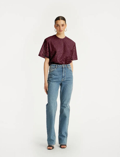 ROTATE Birger Christensen Beaded Oversized Top - Burgundy - 38