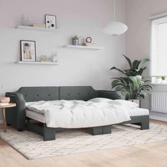  Uttrekkbar dagseng med madrass mørkegrå 90x190 cm stoff