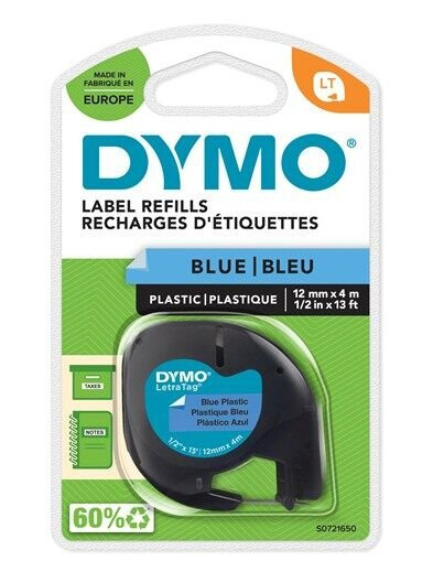 DYMO Letratag plasttape, sort på blå, 12mm x 4m ruller, selvklebende