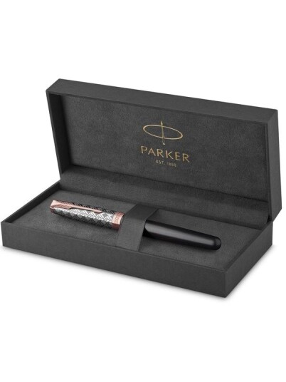 Parker Sonnet Fountain Pen  Premium Metal and Grey Satin Finish with Rose Gull Trim  Fine 18k Gull Nib with Svart Ink Cartridge  Gift Box
