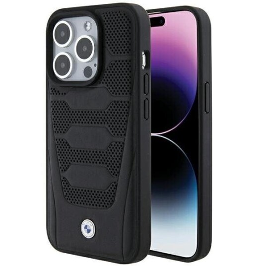 BMW Mobildeksel til iPhone 15 Pro Max med Lærseter Mønster Svart