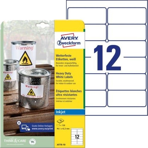 Avery Etiketter Avery 99,1X42,3 Mm Hvid Holdbare Til Inkjet 10 Ark X 12 Stk.