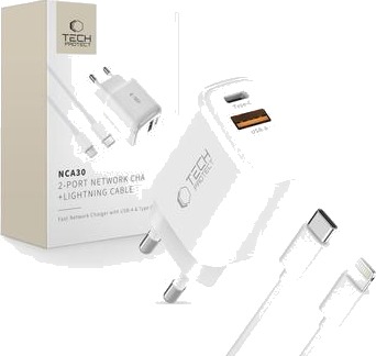 Tech Protect NCA30 Dual Port PD 30W/QC3.0 lader med Lightning kabel Hvit Tech Protect NCA30 Dual Port PD 30W/QC3.0 lader med Lightning kabel Hvit