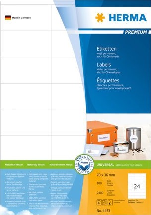 Herma Premium - Papir - Matt - Permanent Selv-Adhesiv - Hvit - 70 X 36 Mm 2400 Etikett(Er) (100 Ark X 24) Laminerte Etiketter