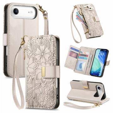 iPhone Air lommebokveske med blomster- og bladmønster, glidelåslomme og håndleddsstropp Hvit