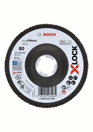 Bosch X-LOCK-lamellslipeskiver, vinklet modell, fiberplate, Ø115 mm, G 80, X571, Best for Metal, 1 stk.