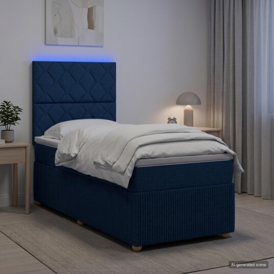vidaXL LED boksseng med madrass med hodegjerde Blå 100 x 200 cm Stoff