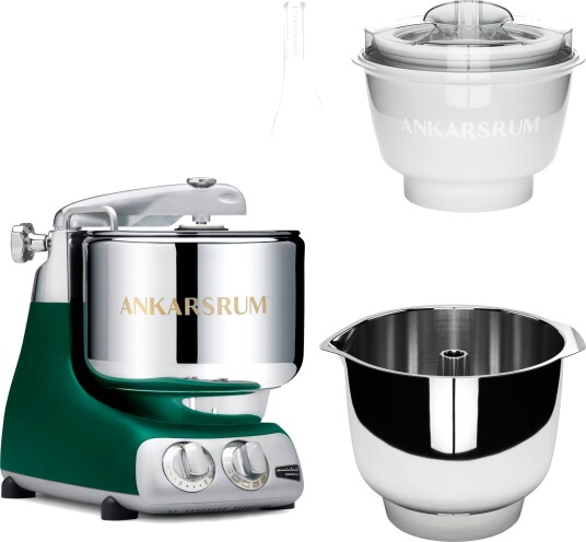 Ankarsrum Assistent Original AKM 6230 kjøkkenmaskin med iskremtilbehør og ekstra vispeskål forest green