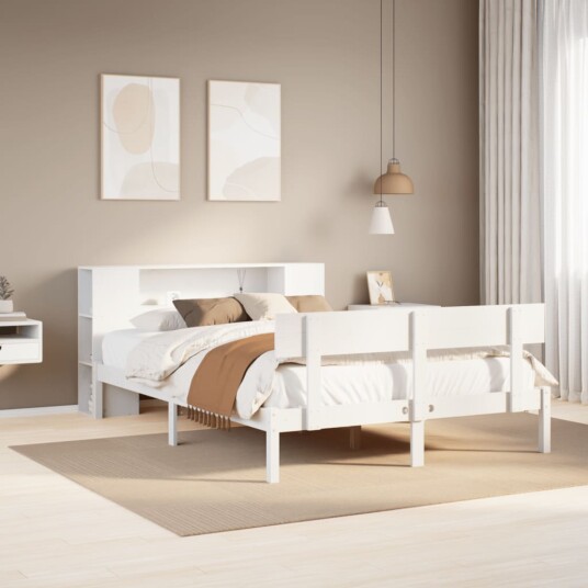  Seng med bokhylle uten madrass hvit 135x190 cm heltre furu 8721158605566