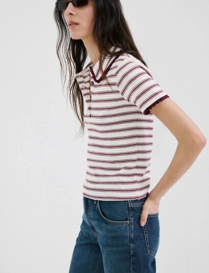 Mango Scalloped Striped Polo Burgundy S Mango Scalloped Striped Polo Burgundy S