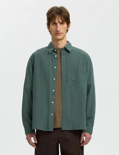 Selected Slhregfreddie Solid Seersucker Ls Shirt   Green   M