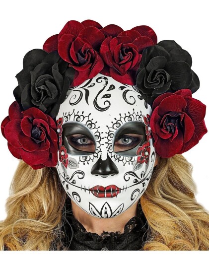 Dia de los Muertos Maske med Svarte og Burgunder Roser Dia de los Muertos Maske med Svarte og Burgunder Roser