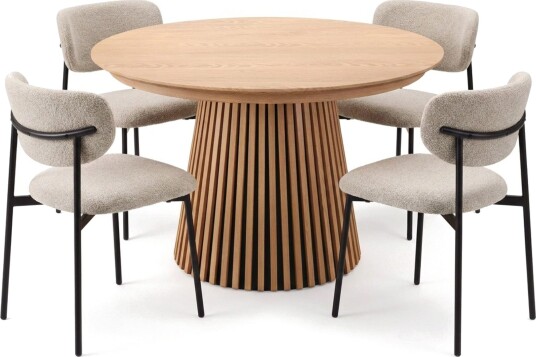 Spisegruppe Bark Peyra 120 220 cm Eik Greige bouclé/metallben svart Spisegruppe Bark Peyra 120 220 cm Eik Greige bouclé/metallben svart