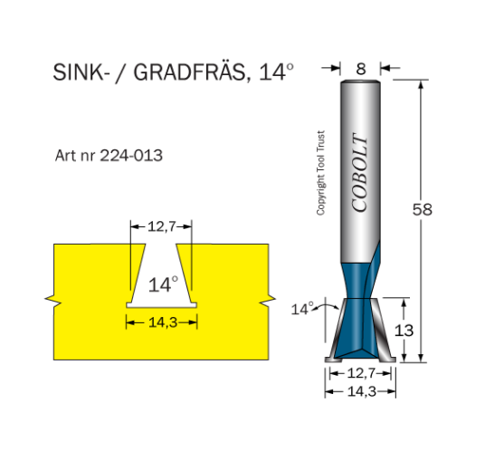 Cobolt 224-013 Sinkfres 14° D=12,7/14,3 L=13 TL=58 S=8 Maskintilbehør & forbruk