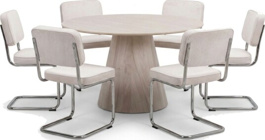 Siena spisegruppe rund 130 cm hvitlasert med 6 Milva spisestoler Hvitlasert/Beige/krom