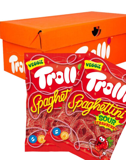 30 stk Trolli Spaghettini Sour Strawberry   Sure Jordbærsnører   Hel Eske 3 kg