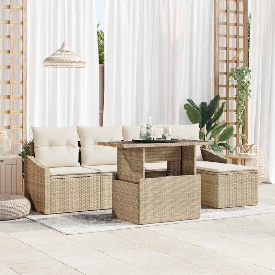 6-delt hagesofa-sett med puter beige poly rattan