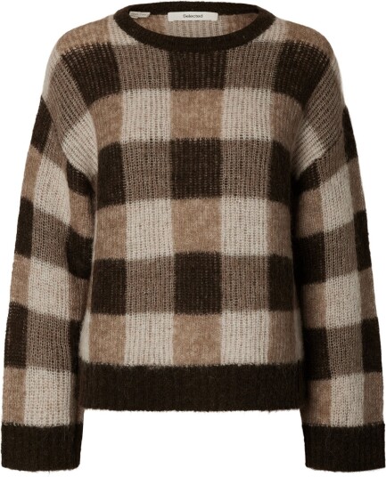 Selected Slwlulu Loose Ls Check Knit O Neck Brown S